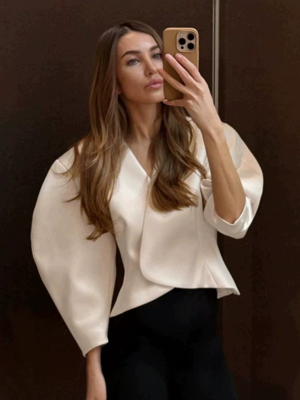 Forever 21 Wrap Collar Puff Sleeve Jacket Autumn Winter Apricot Satin